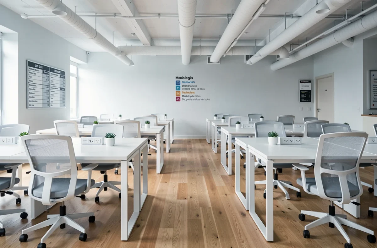 Espace de coworking vide à Cenon avec rangées de bureaux ergonomiques et affichage des tarifs en arrière-plan