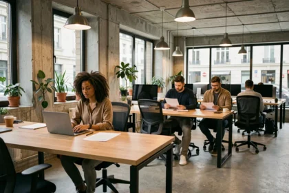 Espace de coworking moderne à Saint-Denis avec des professionnels au travail dans un open space industriel