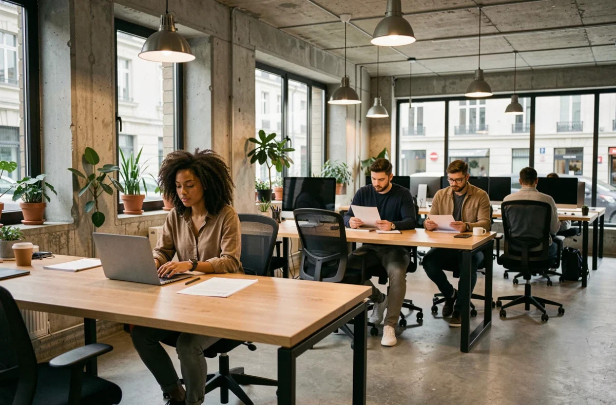 Espace de coworking moderne à Saint-Denis avec des professionnels au travail dans un open space industriel