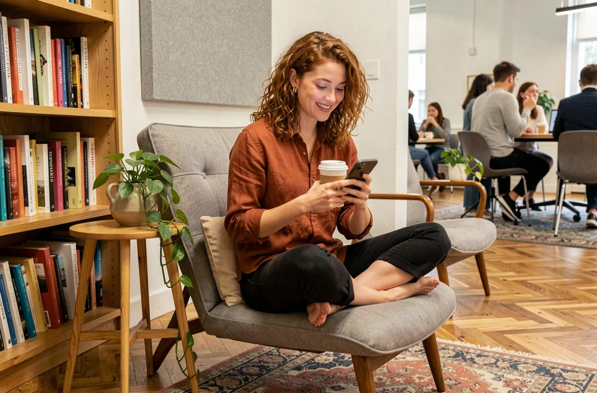 Jeune professionnelle décontractée dans un espace lounge de coworking à Angers avec café et smartphone