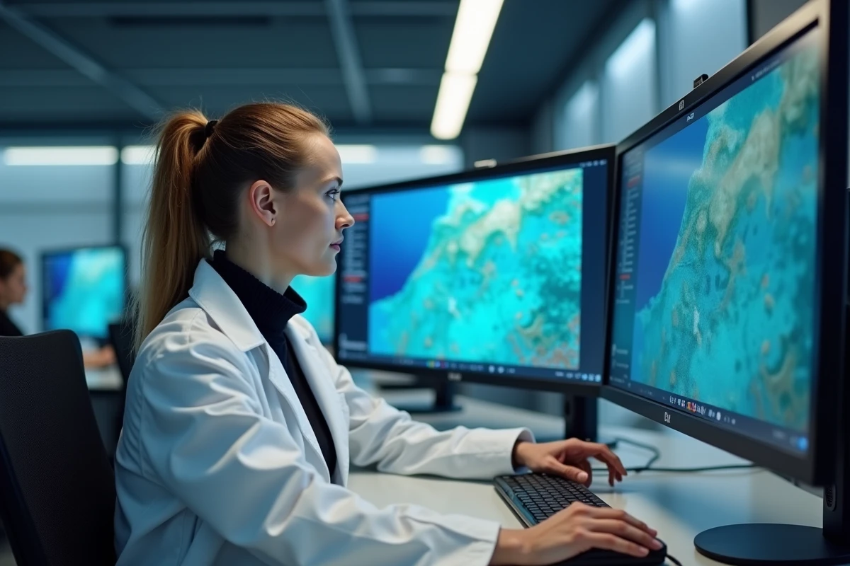 Étudiante en formation deep offshore technology analysant des données bathymétriques sur des écrans dans un centre de formation spécialisé