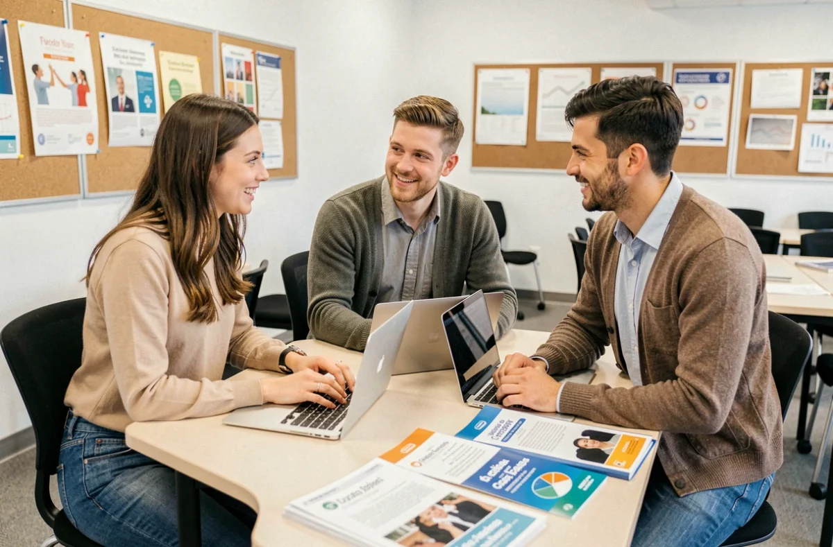 Groupe d'étudiants discutant des meilleures formations courtes pour accéder rapidement à un métier bien rémunéré