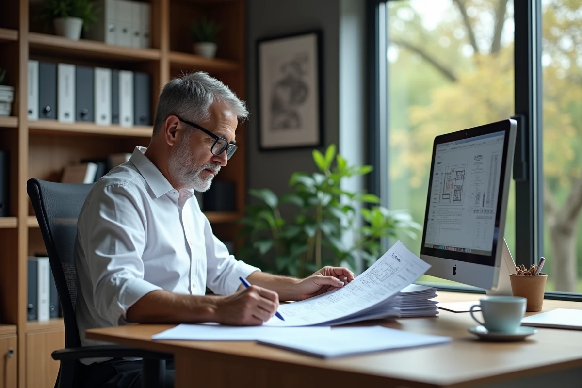 Expert BTP consultant des documents réglementaires dans un bureau professionnel pour anticiper les évolutions normatives du secteur