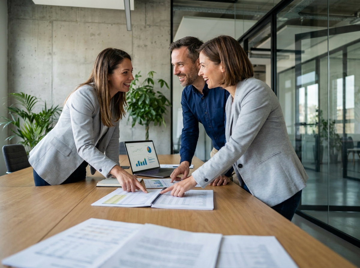 Expert-comptable et entrepreneur en réunion de travail dans un bureau moderne, analysant des rapports financiers ensemble comme de véritables partenaires business