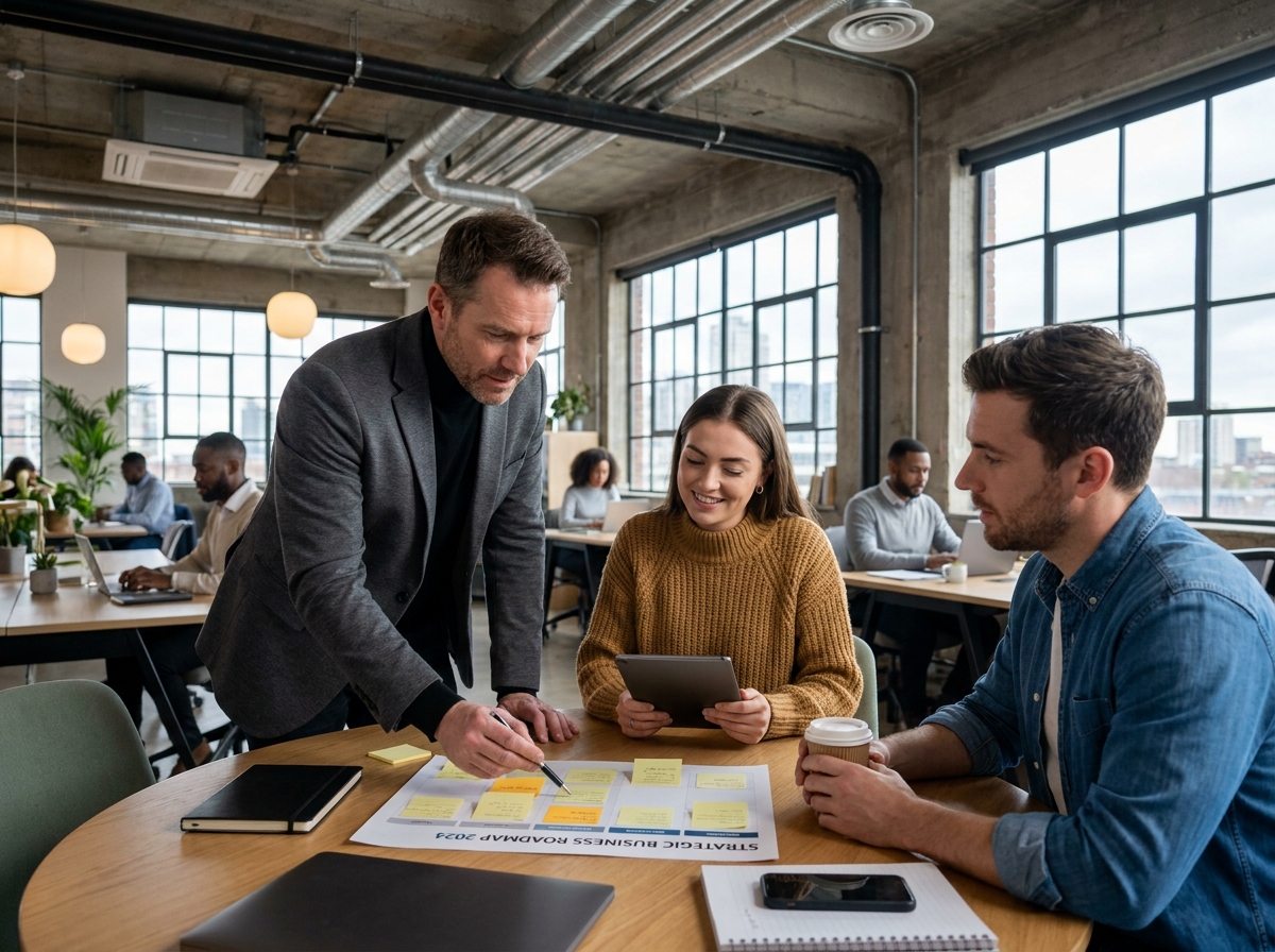Expert-comptable accompagnant des entrepreneurs d'une startup autour d'une feuille de route stratégique dans un espace de coworking, symbolisant un partenariat business actif
