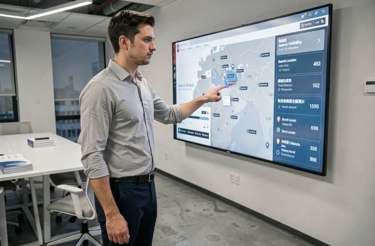 Expert en référencement local présentant une stratégie SEO géographique sur carte interactive lors d'une réunion en agence digitale