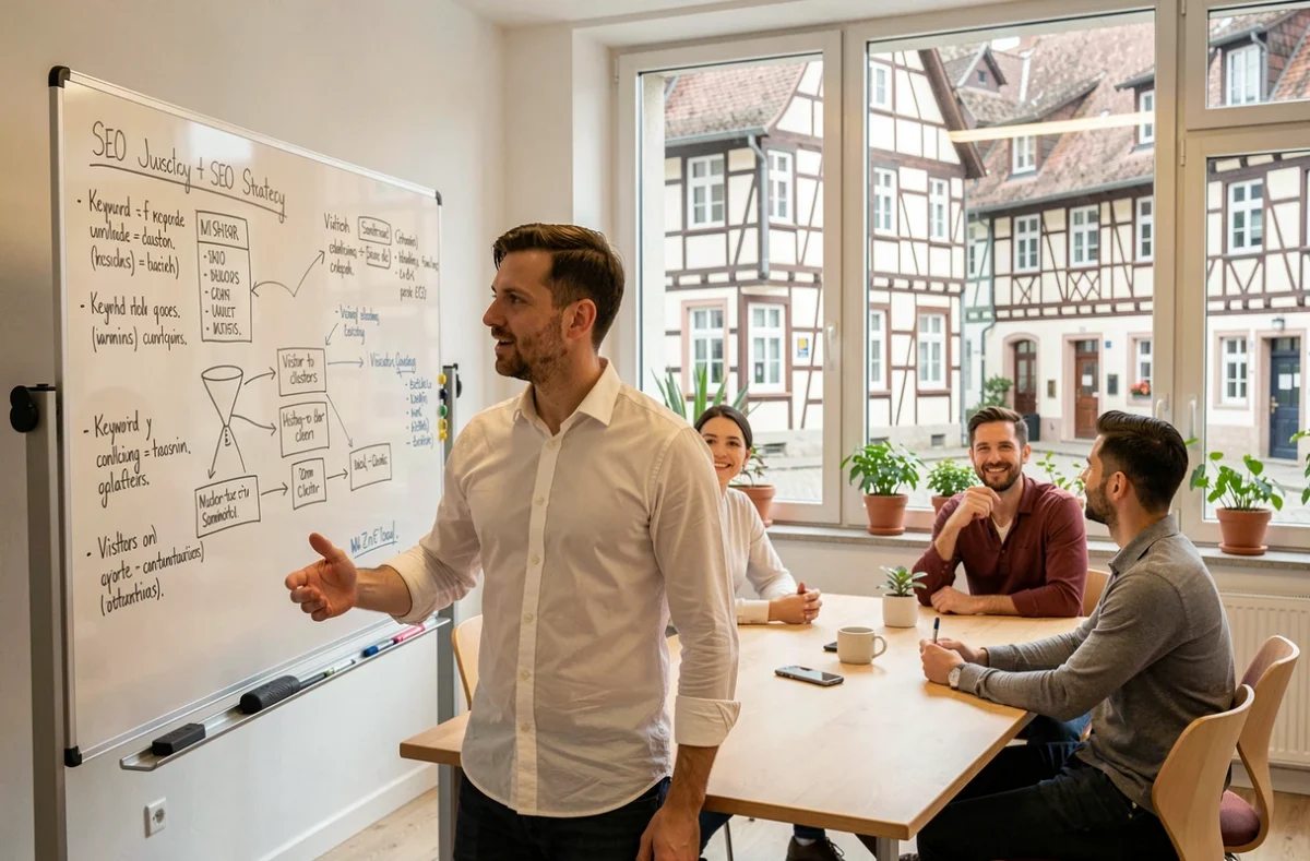 Expert SEO alsacien présentant une stratégie de référencement orientée ROI à une équipe dans un espace de coworking avec vue sur Strasbourg