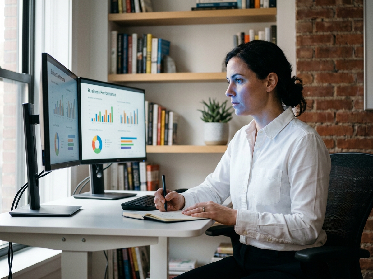 Experte-comptable analysant des tableaux de bord financiers sur ordinateur depuis son bureau moderne, illustrant le rôle de conseiller stratégique