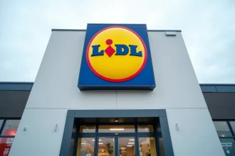 Façade d'un supermarché Lidl avec logo circulaire bleu rouge et jaune bien visible au-dessus de l'entrée principale