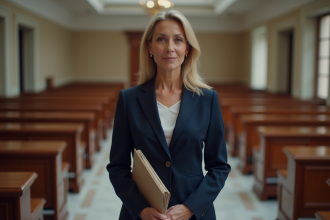 Femme d'affaires en costume dans un tribunal français