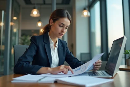 Jeune femme d'affaires analysant des donn&eacute;es sur un ordinateur