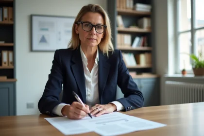 Femme d'affaires consultant des documents d'enregistrement à l'INPI dans un bureau moderne