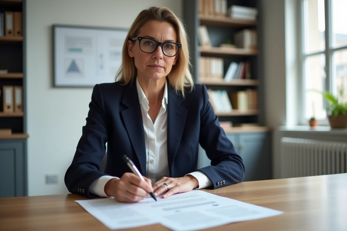 Femme d'affaires consultant des documents d'enregistrement à l'INPI dans un bureau moderne