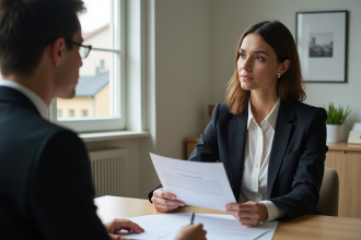 Femme d affaires en blazer tenant documents dans un bureau moderne