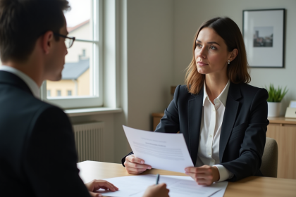 Femme d affaires en blazer tenant documents dans un bureau moderne