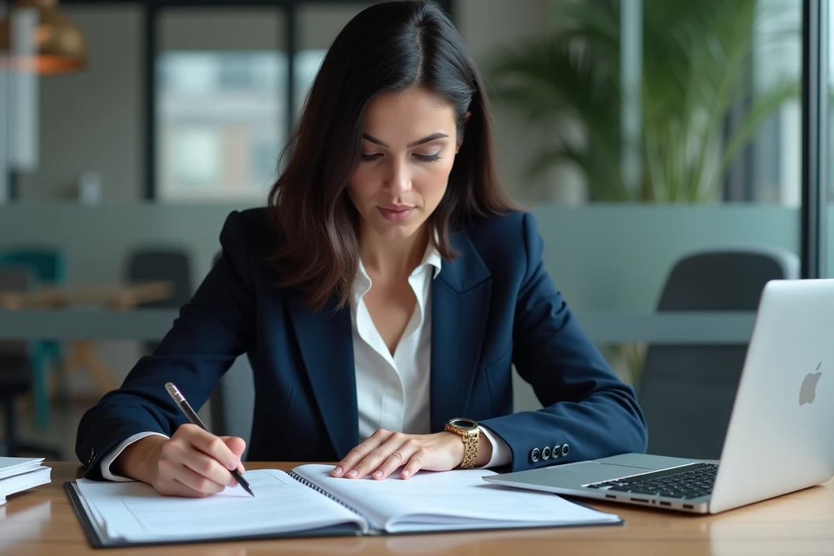 Femme d'affaires concentrée à son bureau moderne