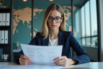 Femme en blazer navy étudiant un diagramme de domaine