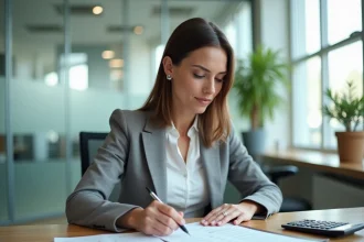 Femme professionnelle analysant une feuille de temps dans un bureau moderne pour contrôler ses heures mensuelles en base 151,67
