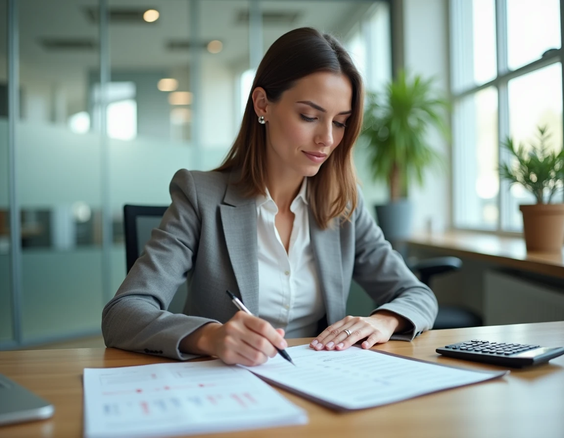 Femme professionnelle analysant une feuille de temps dans un bureau moderne pour contrôler ses heures mensuelles en base 151,67