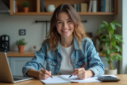Jeune femme concentr&eacute;e &agrave; une table de cuisine moderne