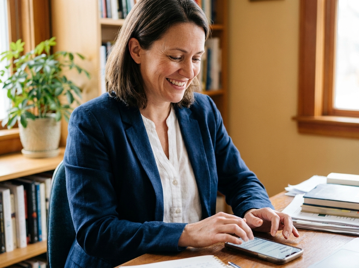 Femme souriante tapant un avis positif sur son smartphone dans un bureau à domicile, illustrant le bouche-à-oreille numérique