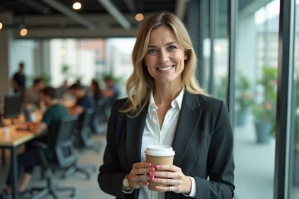 Femme professionnelle avec tasse r&eacute;utilisable dans un espace de travail moderne