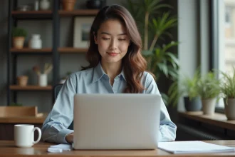 Femme concentrée au bureau avec ordinateur et documents