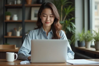 Femme concentr&eacute;e au bureau avec ordinateur et documents