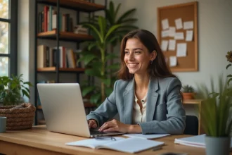 Jeune femme souriante dans un bureau lumineux et organisé