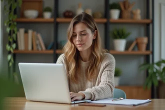 Jeune femme travaillant à son bureau à domicile