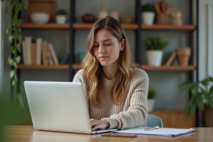 Jeune femme travaillant à son bureau à domicile