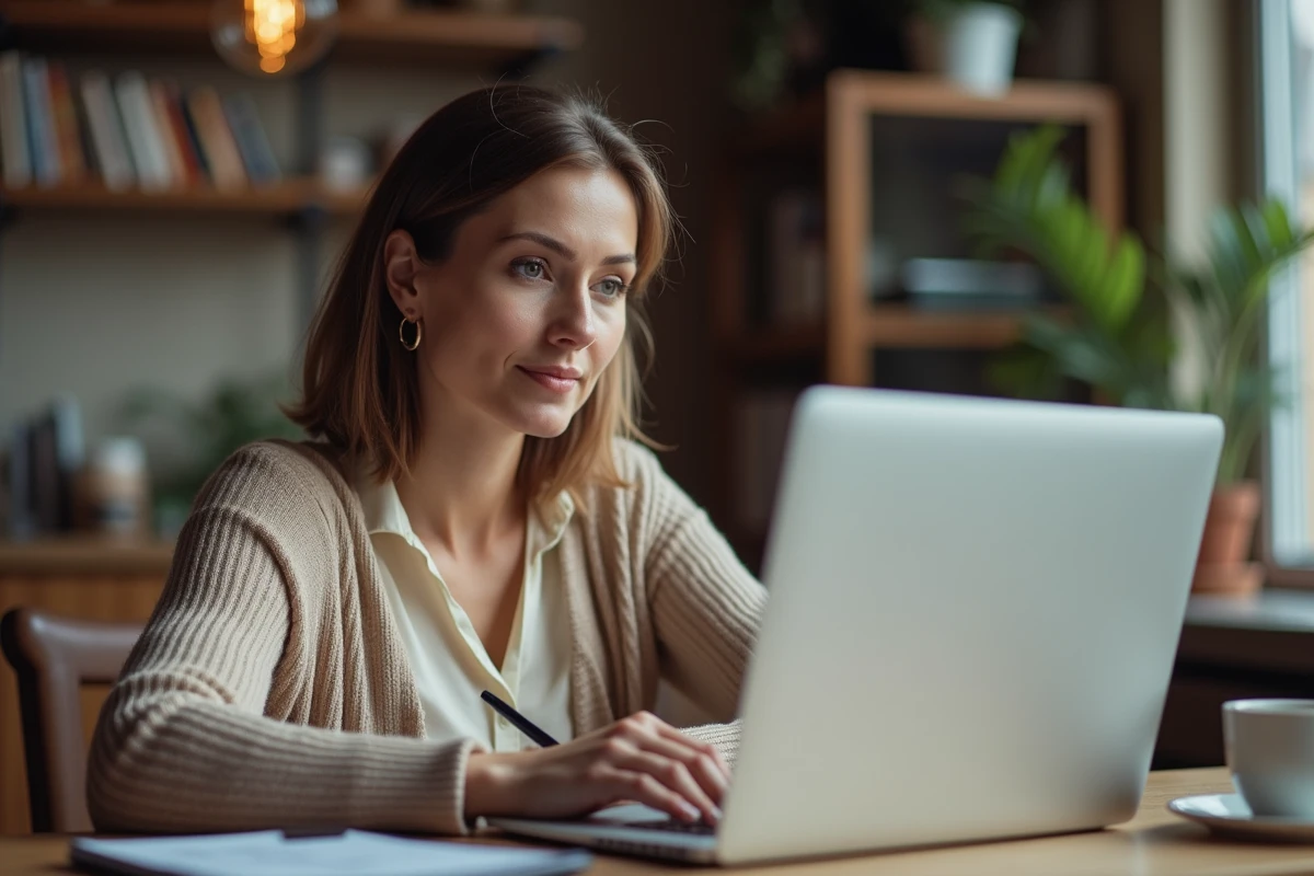 Femme contemplative travaillant sur un ordinateur portable &agrave; la maison