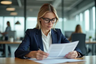Femme professionnelle en blazer marine lisant une note de service interne à son bureau dans un open space moderne