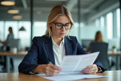 Femme professionnelle en blazer marine lisant une note de service interne à son bureau dans un open space moderne