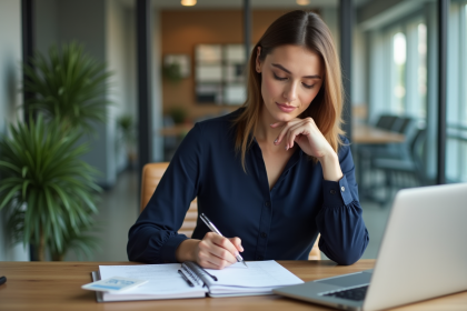 Femme en bureau moderne prenant des notes sur un cahier
