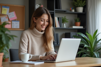 Jeune femme souriante au bureau avec ordinateur portable
