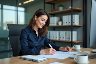 Femme professionnelle arrangeant des documents au bureau
