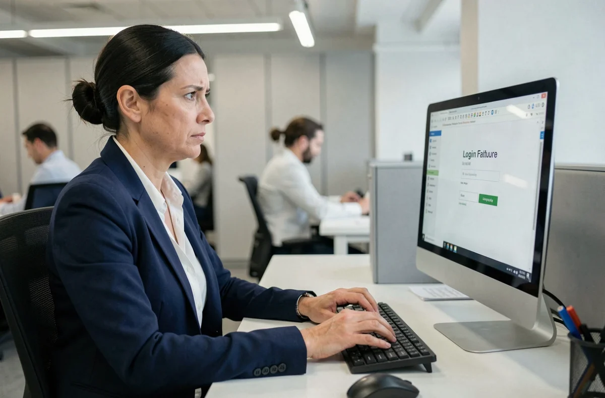 Femme professionnelle confrontée à un problème de connexion au portail Urssaf depuis son bureau