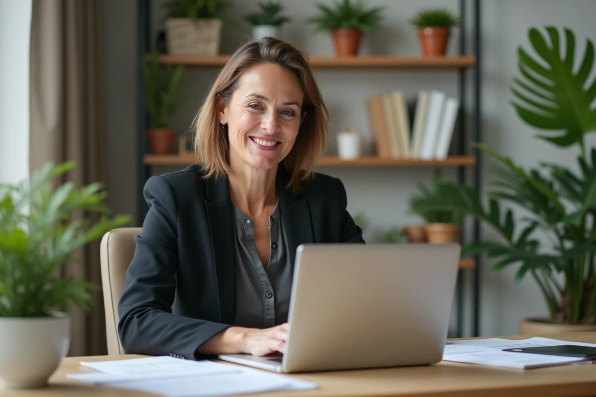 Femme confiante au bureau à domicile avec ordinateur et plantes