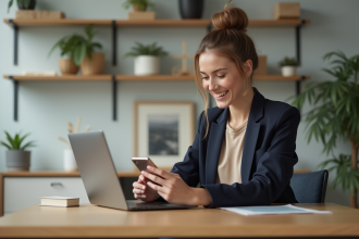 Jeune femme souriante planifiant ses posts Instagram