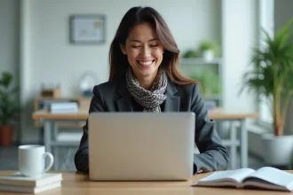 Femme en blazer souriante dans un bureau moderne