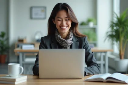 Femme en blazer souriante dans un bureau moderne