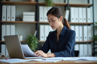 Jeune femme au bureau consulte des documents standards