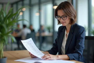 Femme cadre en entreprise consultant des documents de classification socioprofessionnelle dans un bureau moderne