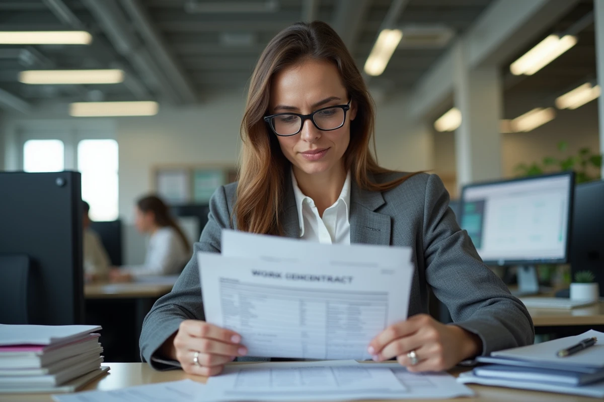Femme cadre en bureau analysant un contrat de travail avec des horaires en rotation 5x8 posés sur son bureau