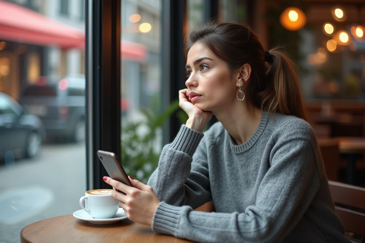 Femme pensant dans un caf&eacute; avec une tasse de caf&eacute;