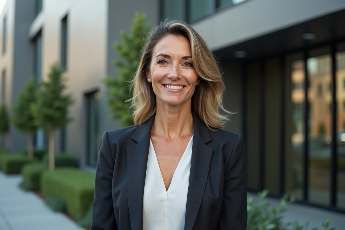Femme confiante devant un bâtiment de bureau en ville
