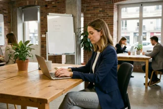Femme travaillant dans un espace de coworking moderne à Cenon avec ordinateur portable et bureau en bois