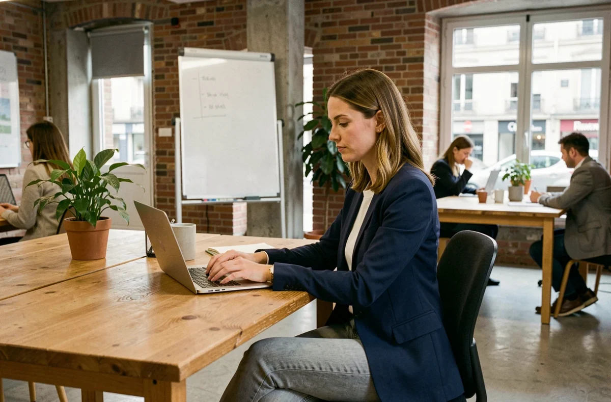Femme travaillant dans un espace de coworking moderne à Cenon avec ordinateur portable et bureau en bois