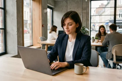 Femme travaillant dans un espace de coworking moderne à Lorient, assise à un bureau en bois avec un ordinateur portable et un café